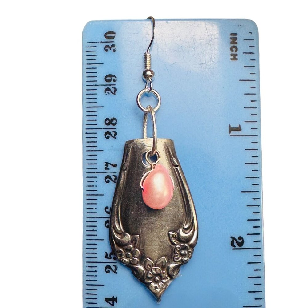 Handcrafted Spoon Earrings With Pink Freshwater Pearls & 925 Silver Hooks - Picture 7 of 11